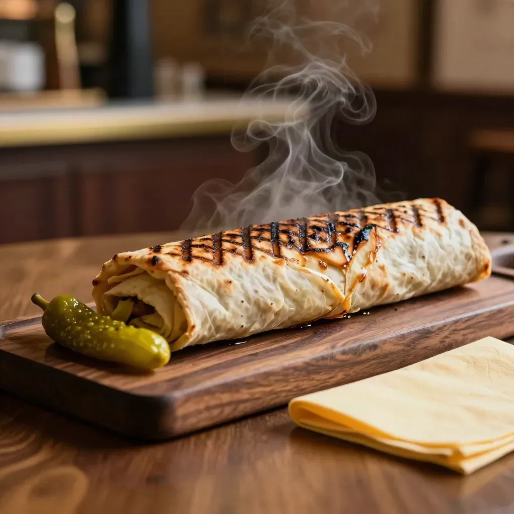 Steamende dürüm met gegrilde strepen, ingelegde pepers en servet op warme houten plank.