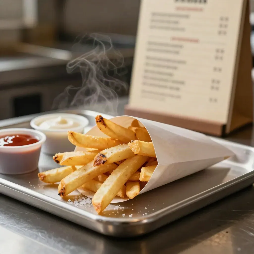 Friet en döner snacks met saus in een stalen bakje, met stoom en kruimels.