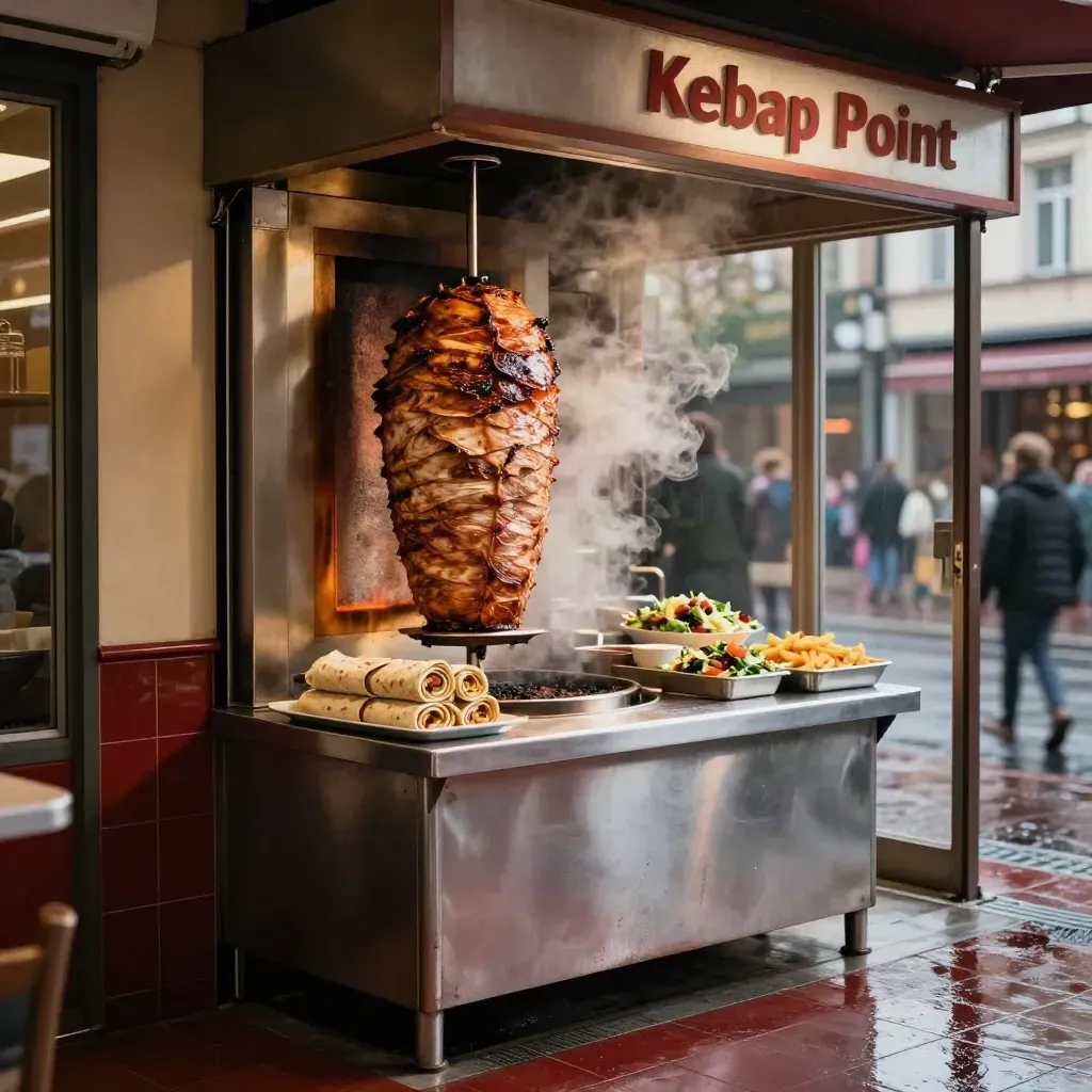 Open kebabzaak met draaiend spit, grill, wraps, friet en regenreflecties bij de ingang.