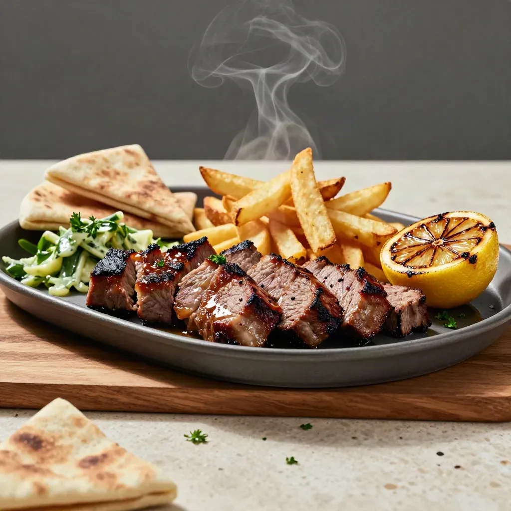 Grillschotel met kebapvlees, friet, salade, pita en gegrilde citroen op een matte schaal.