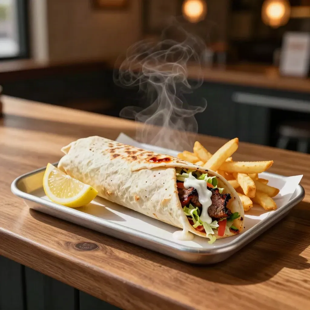 Doorgesneden kebabwrap met friet en citroen op bakpapier in warm licht.