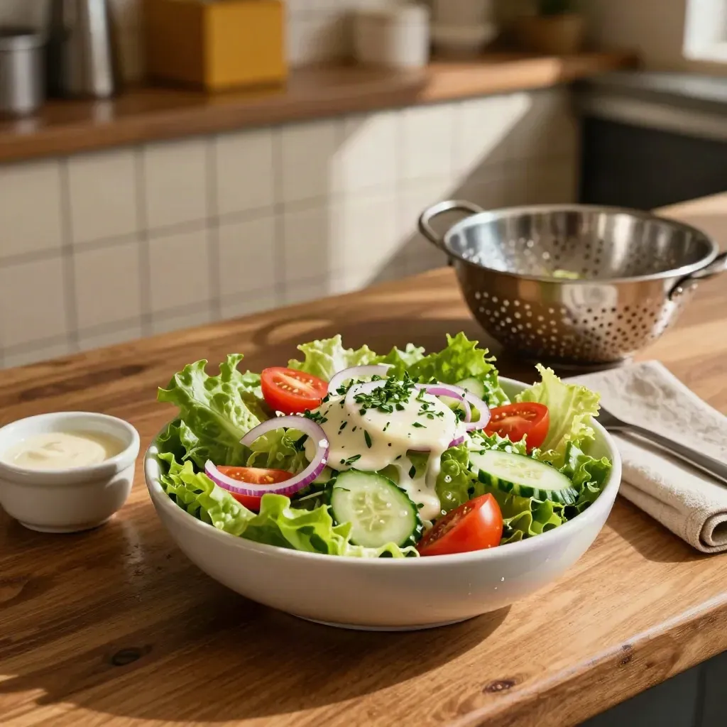 Verse salade in een kom met komkommer, tomaat, rode ui en kruiden op een houten toonbank.