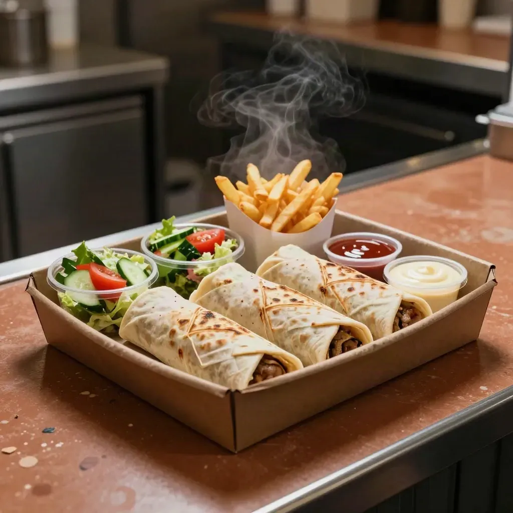 Open kebap familietray met wraps, friet, salade en saus in warme stoom.