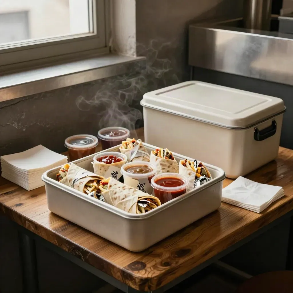 Twaalf kebabwraps in een warme cateringkrat met sausbakjes op een houten tafel in zacht middaglicht