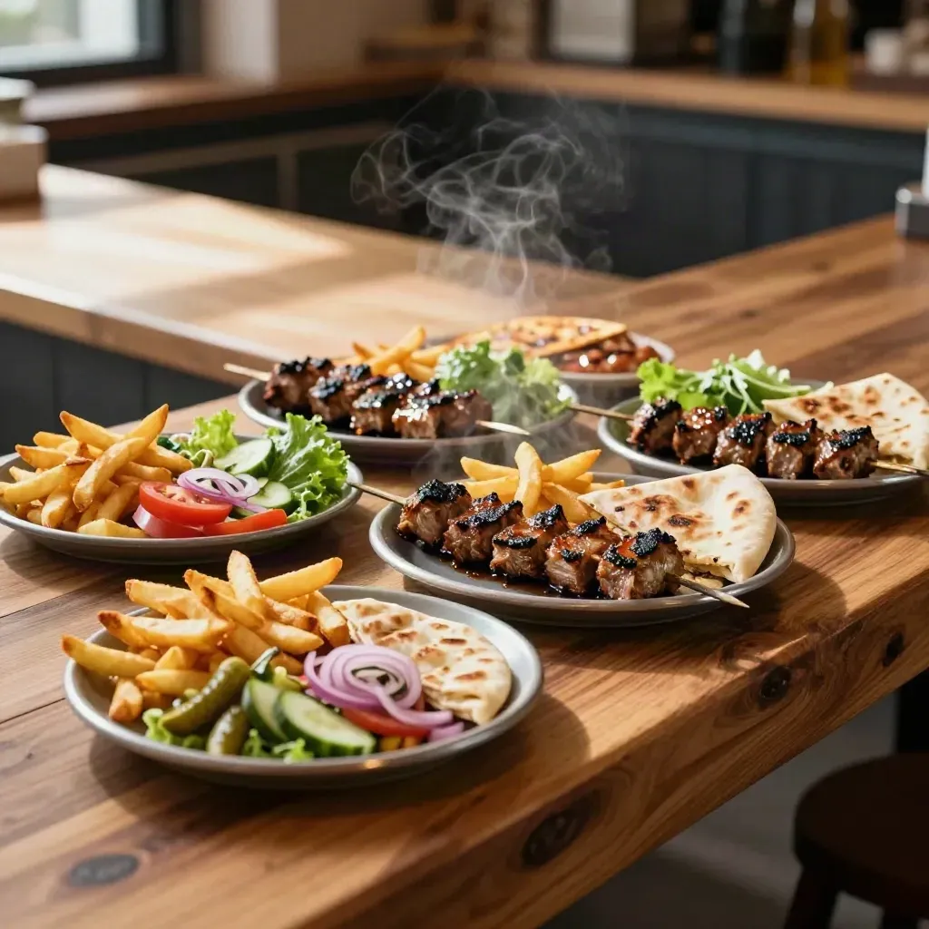 Vier grillplaten met friet, salade en pita op rij, klaar om mee naar huis te gaan.