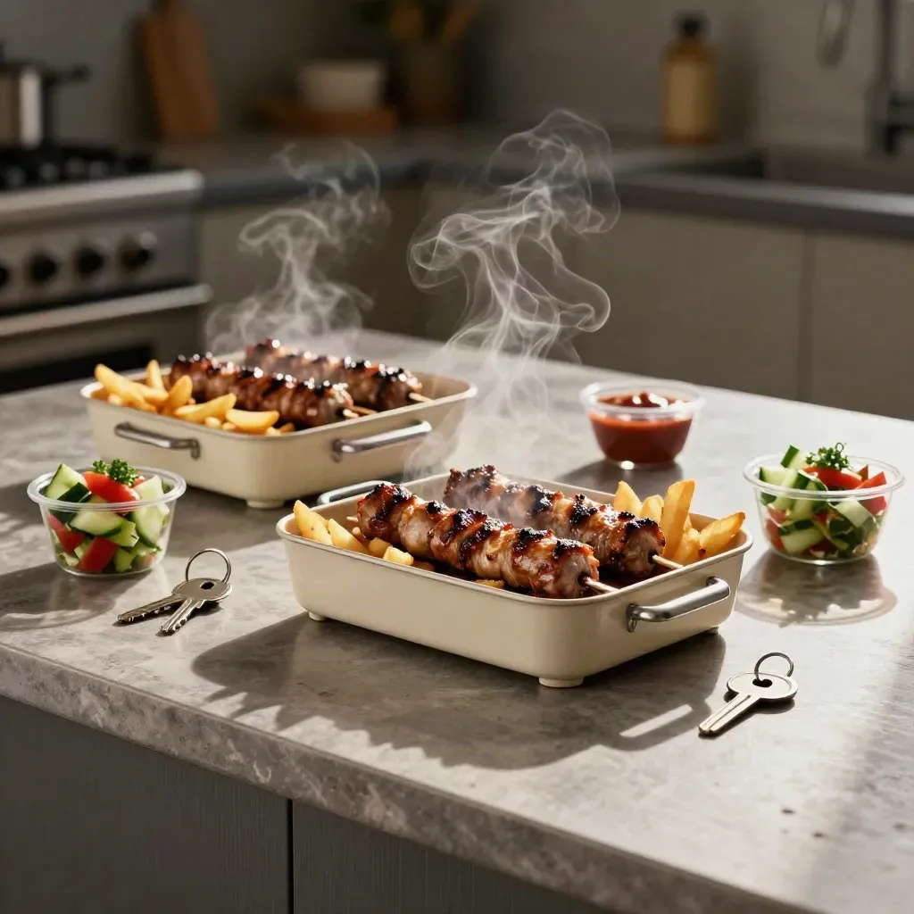 Twee grillboxen met salade, saus en sleutels op een keukeneiland in warm avondlicht.