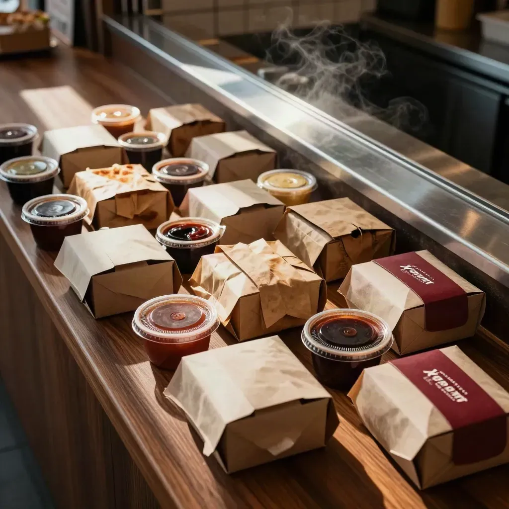 Bovenaanzicht van twaalf kebap take-awayboxen, wraps en sausbakjes op een warme houten toonbank.