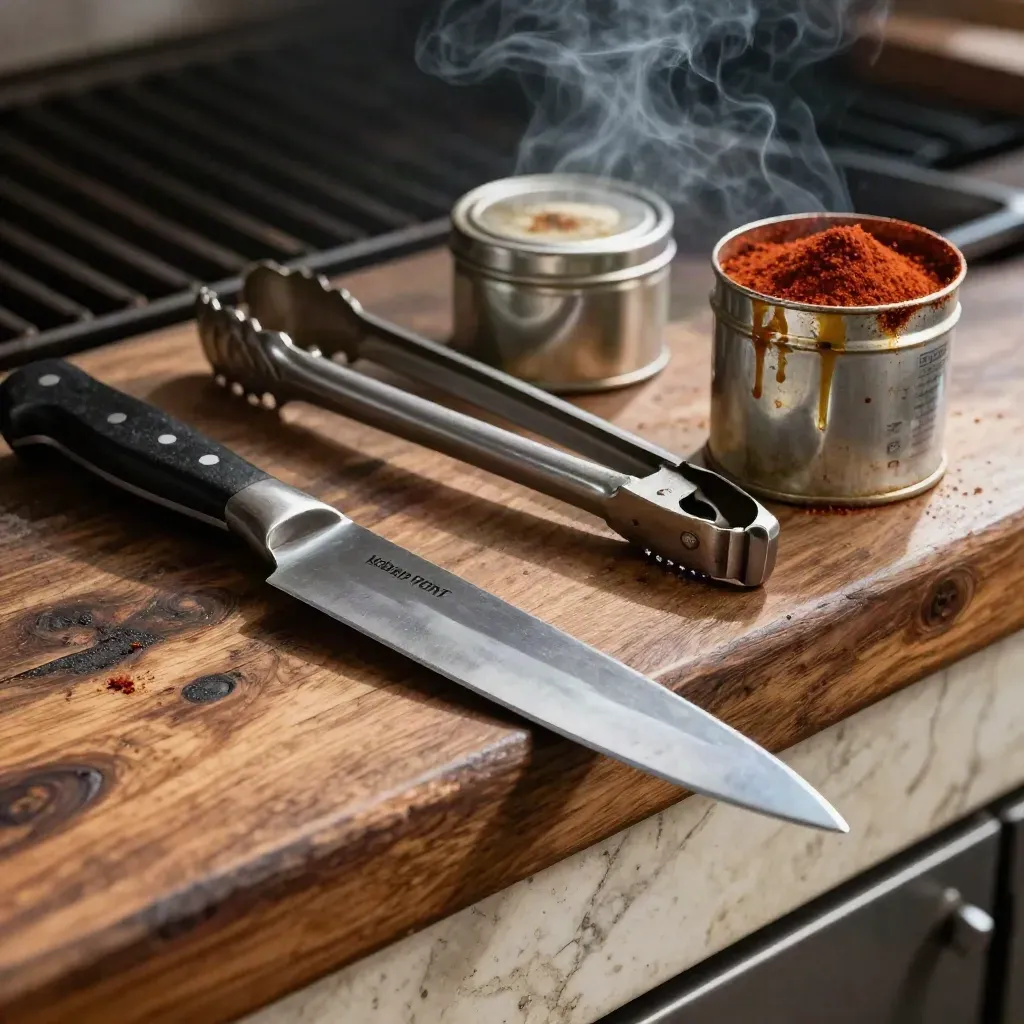 Macro van grillgereedschap met mes, tang, kruidenblik en spitkraag op een doorleefde houten rand.