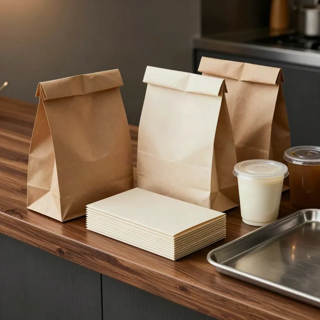 Bovenaanzicht van een reset kebab-inpakstation met zakken, wraps, sausbakjes en staalreflectie.
