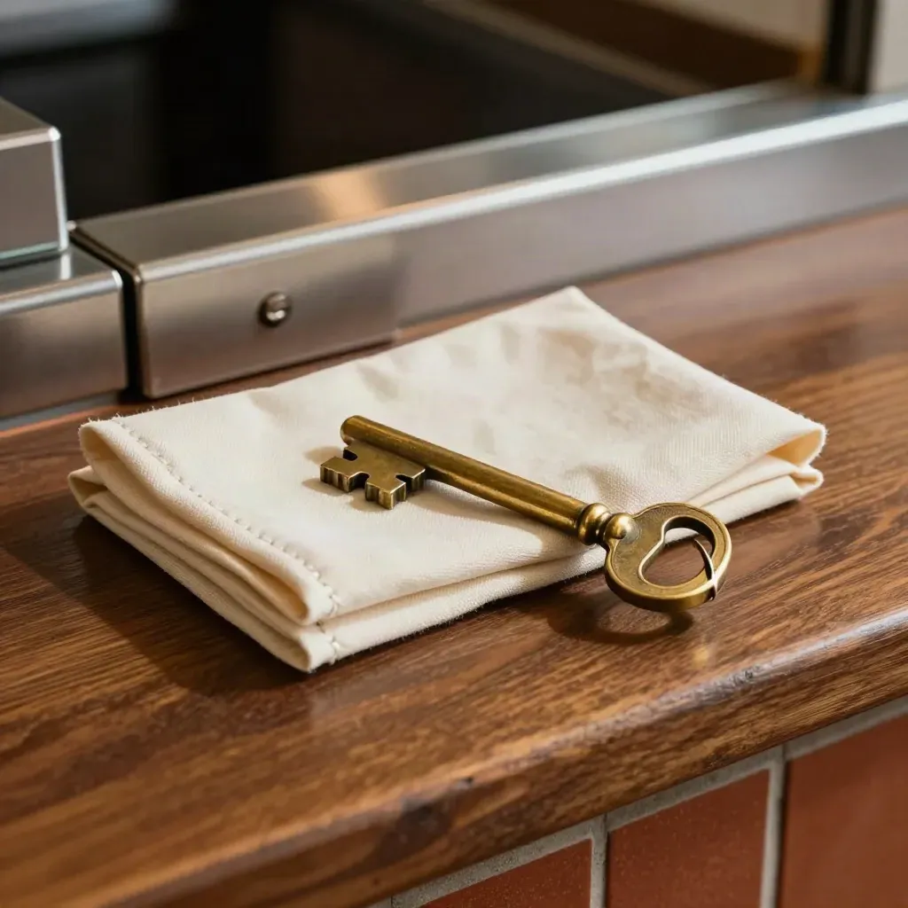 Brass sleutelbos, opgevouwen schort en lockbox op een schone counterrand.