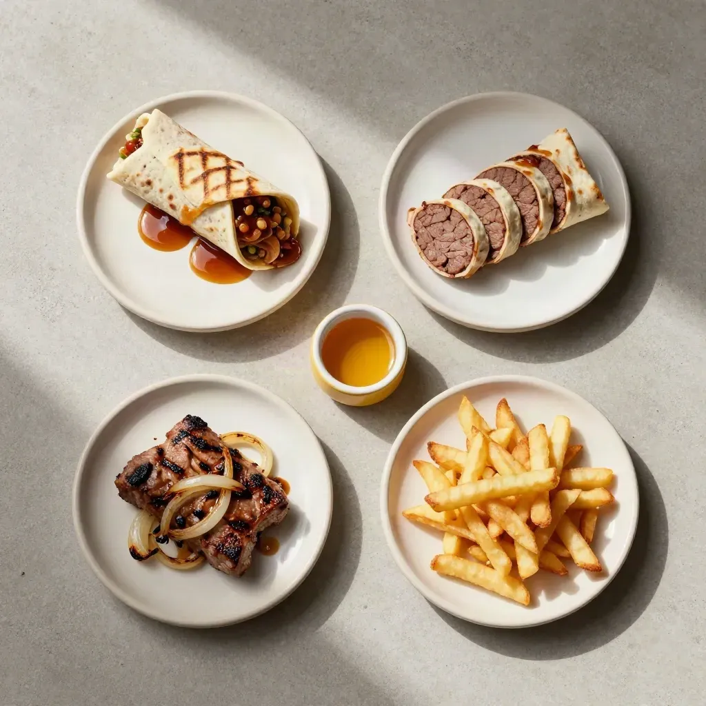 Vier proefbordjes met wrap, dürüm, grill en snacks op beton in overhead flatlay.