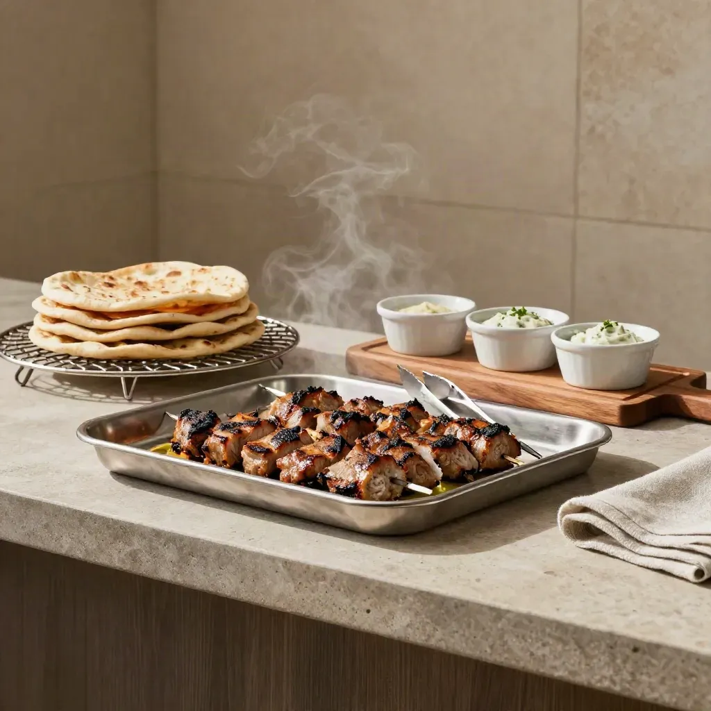 RVS preprail met gegrild vlees, flatbreads, sausbakjes en tangen in warm keukenlicht