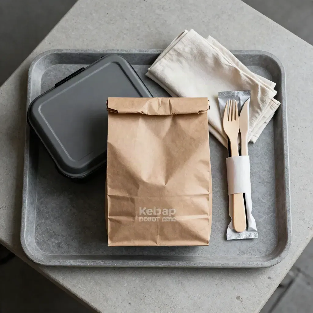 Bovenaanzicht van een takeawaytas, bezorgbox en bestekverpakking op een stenen tray.