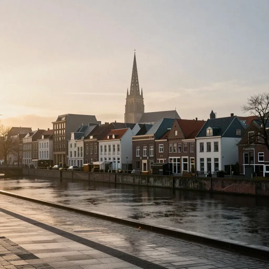 Eindhoven skyline met Catharinakerk, natte kade en zachte avondnevel