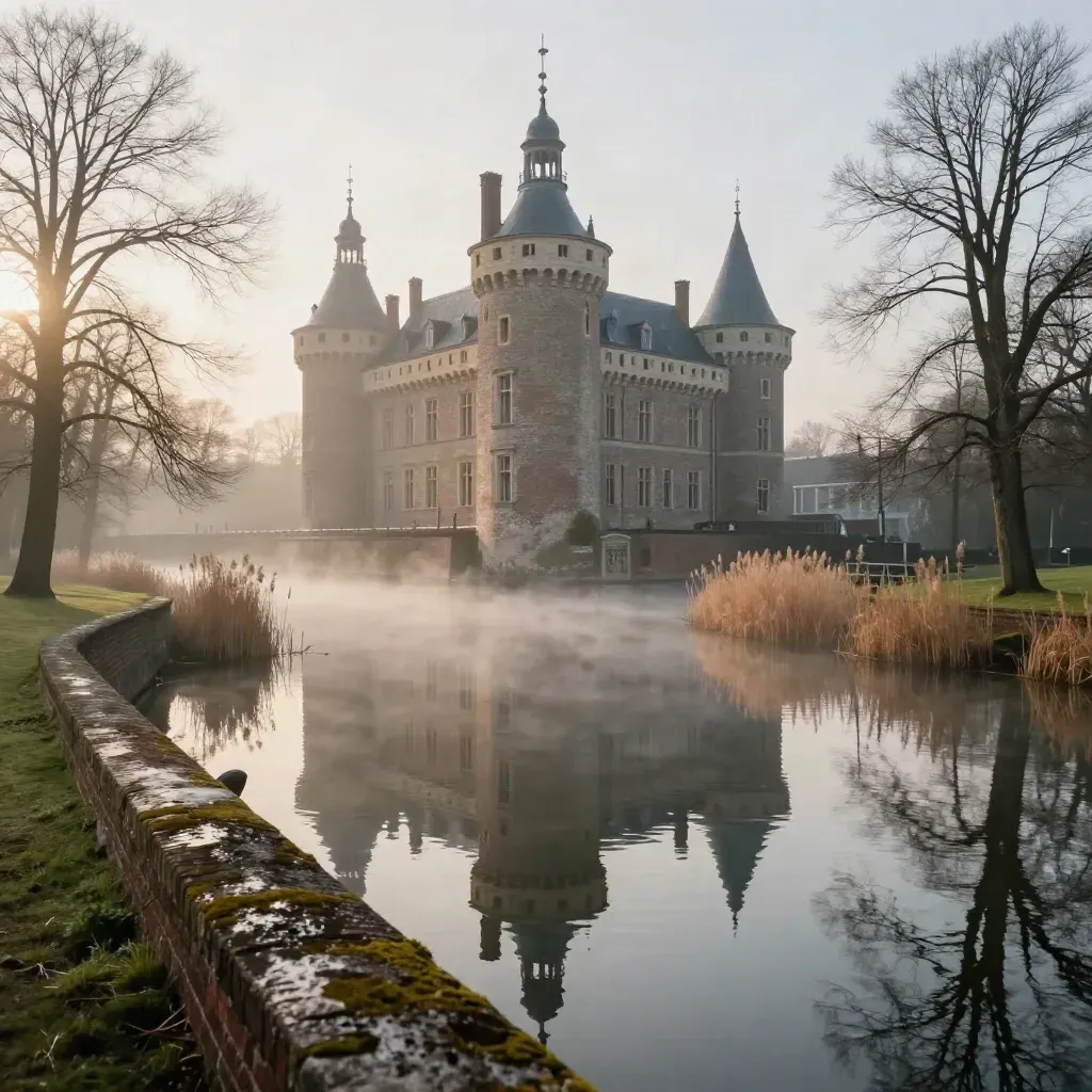 Helmond Kasteel boven mistige slotgracht met waterreflecties en bomen