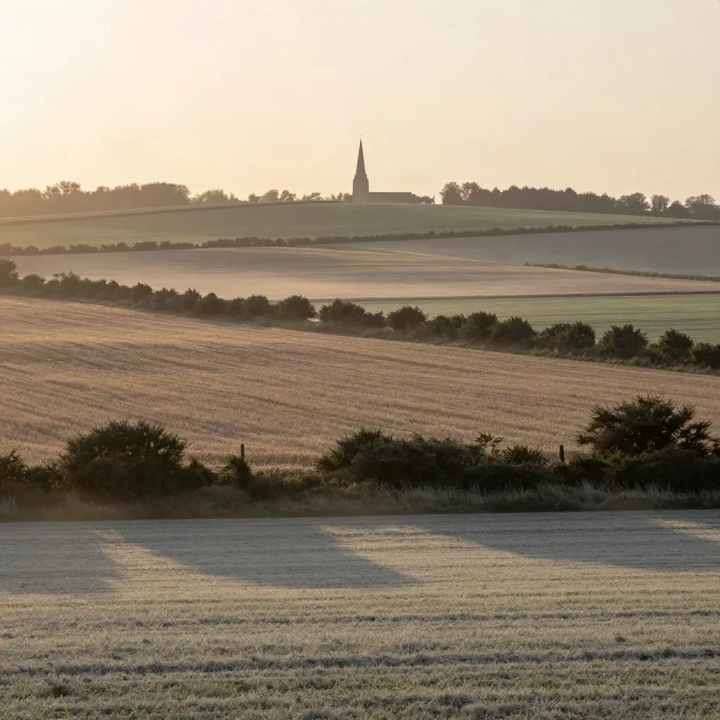 Veldhovens landschap met heggen, akkers en een verre kerktoren in avondnevel