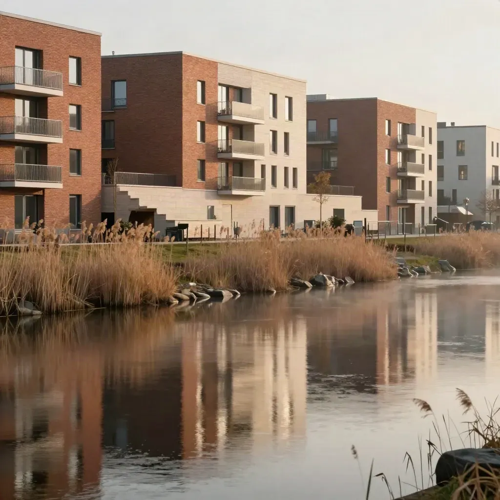 Eindhoven Zuid met moderne bakstenen gevels, stil water, riet en zachte avondgloed.